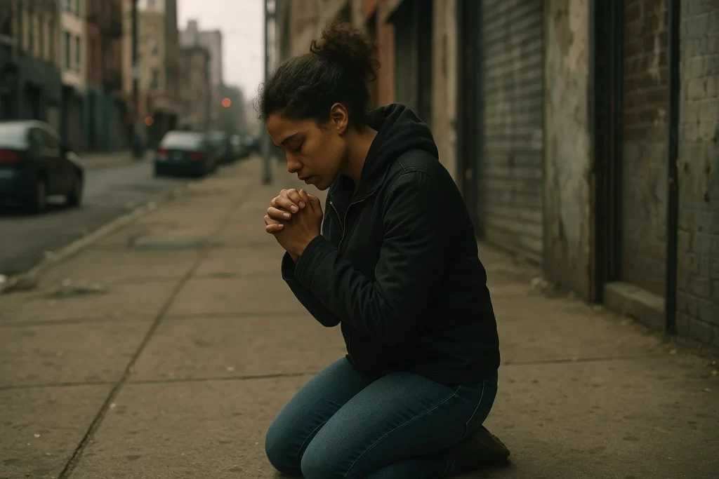 Woman praying in the street